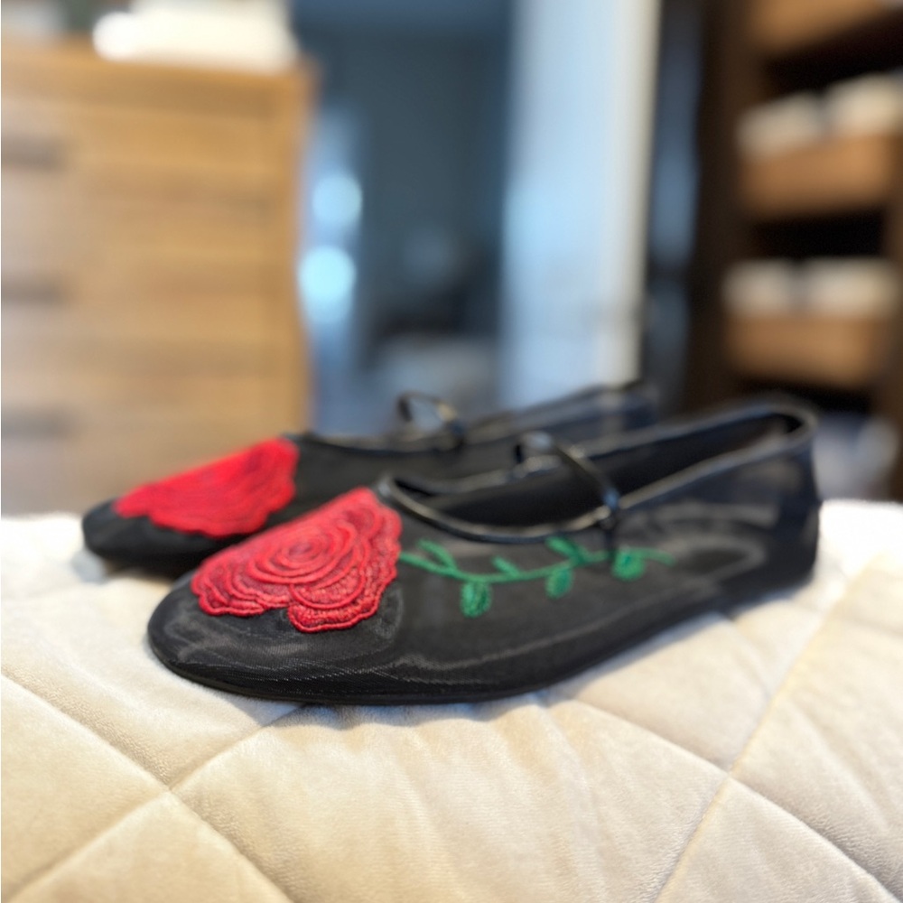 Jeffrey Campbell Black Mesh Flats with Red Floral Design